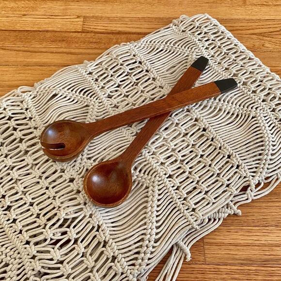 Vintage Chunky Long Wooden Server Set Black Tip Mid Century Slotted Spoon Salad - Picture 1 of 7